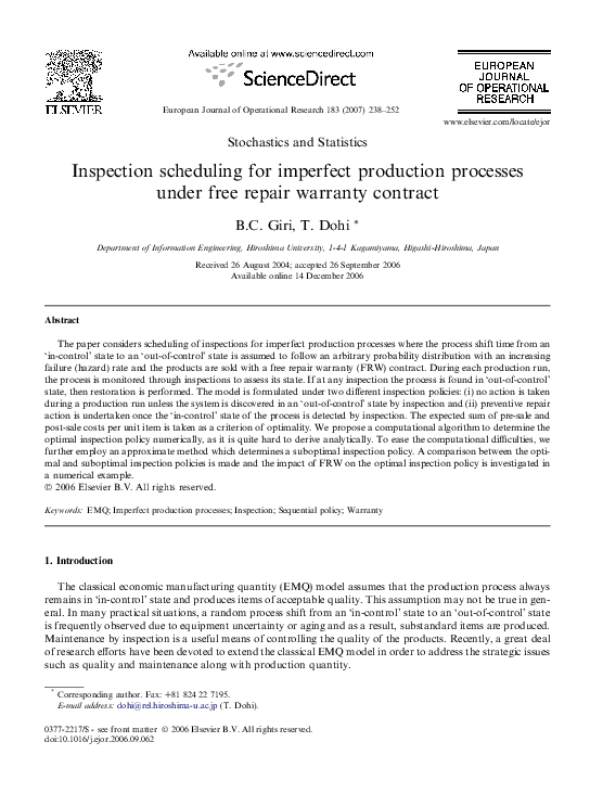 (PDF) Inspection scheduling for imperfect production processes under ...