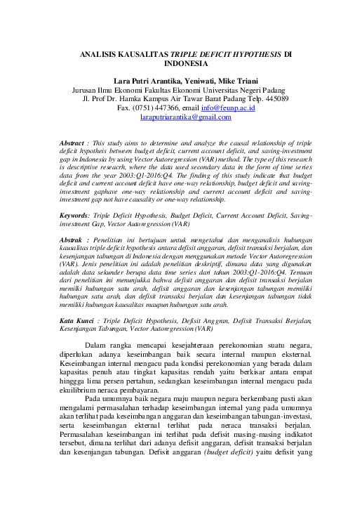 (PDF) Analisis Kausalitas Triple Deficit Hypothesis DI Indonesia