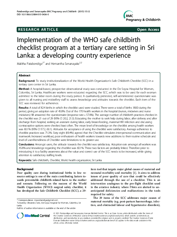 (PDF) Implementation of the WHO safe childbirth checklist program at a