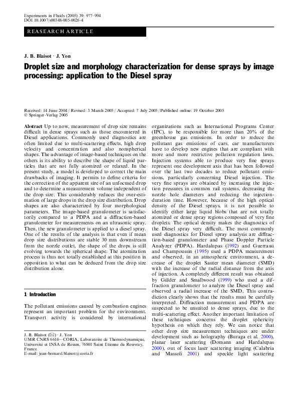 (PDF) Droplet size and morphology characterization for dense sprays by ...