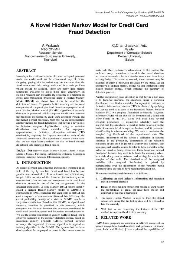 (PDF) A Novel Hidden Markov Model for Credit Card Fraud Detection