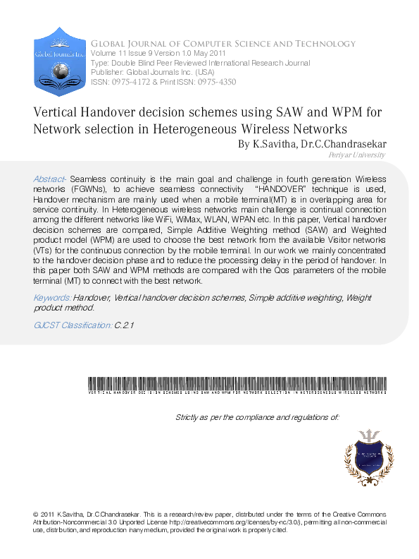(PDF) Vertical Handover decision schemes using SAW and WPM for Network ...