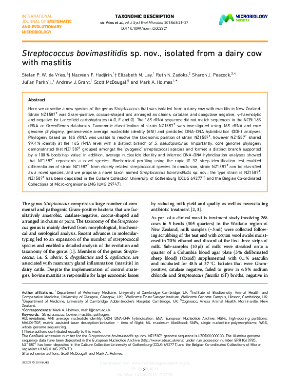 (PDF) Streptococcus bovimastitidis sp. nov., isolated from a dairy cow ...