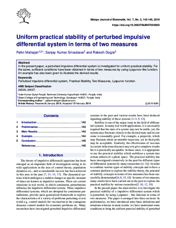 (PDF) Uniform practical stability of perturbed impulsive differential ...