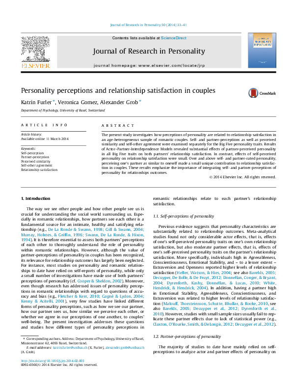 (PDF) Personality perceptions and relationship satisfaction in couples
