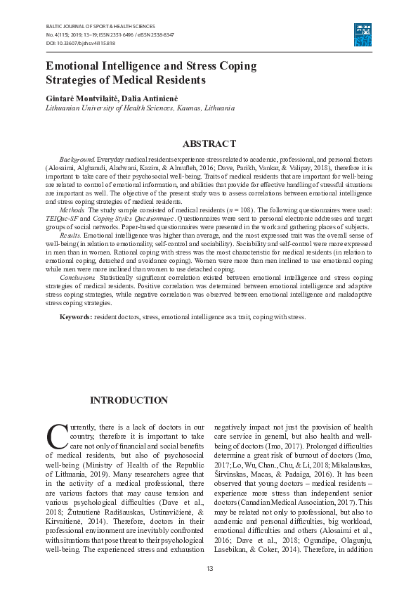 (PDF) Emotional Intelligence and Stress Coping Strategies of Medical ...