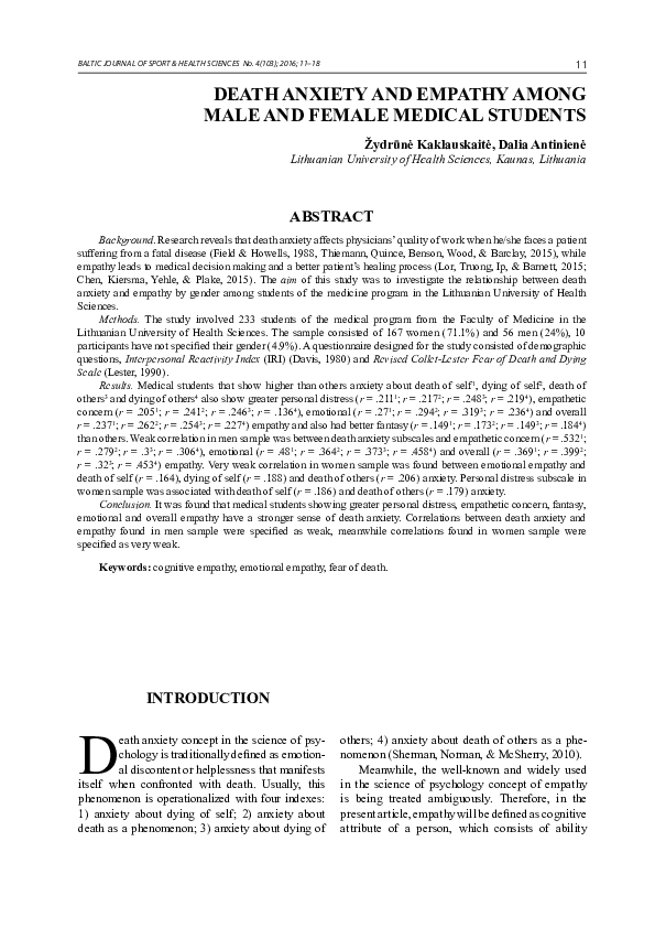 (PDF) Death Anxiety and Empathy Among Male and Female Medical Students