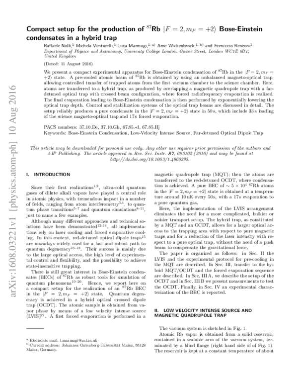 (PDF) Compact setup for the production of 87Rb |F = 2, mF = + 2〉 Bose ...