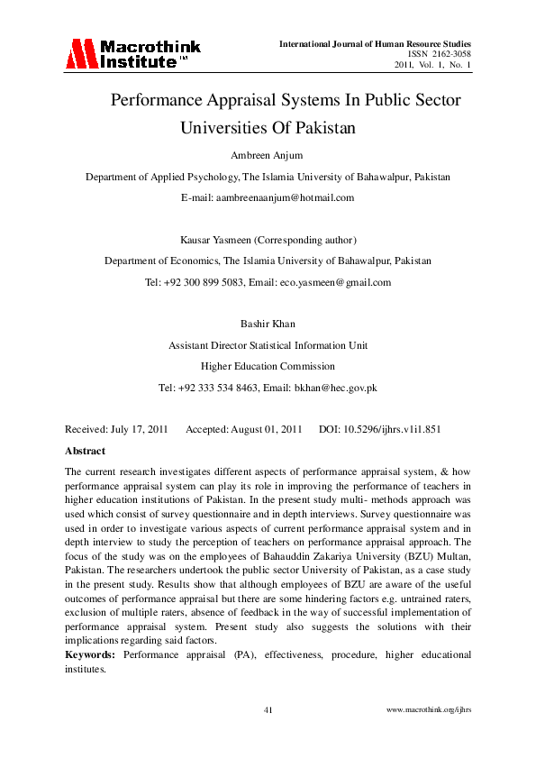 (PDF) Performance Appraisal Systems In Public Sector Universities Of ...
