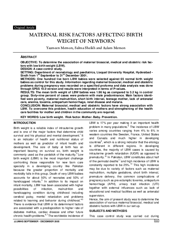 (PDF) Maternal Risk Factors Affecting Birth Weight of Newborn