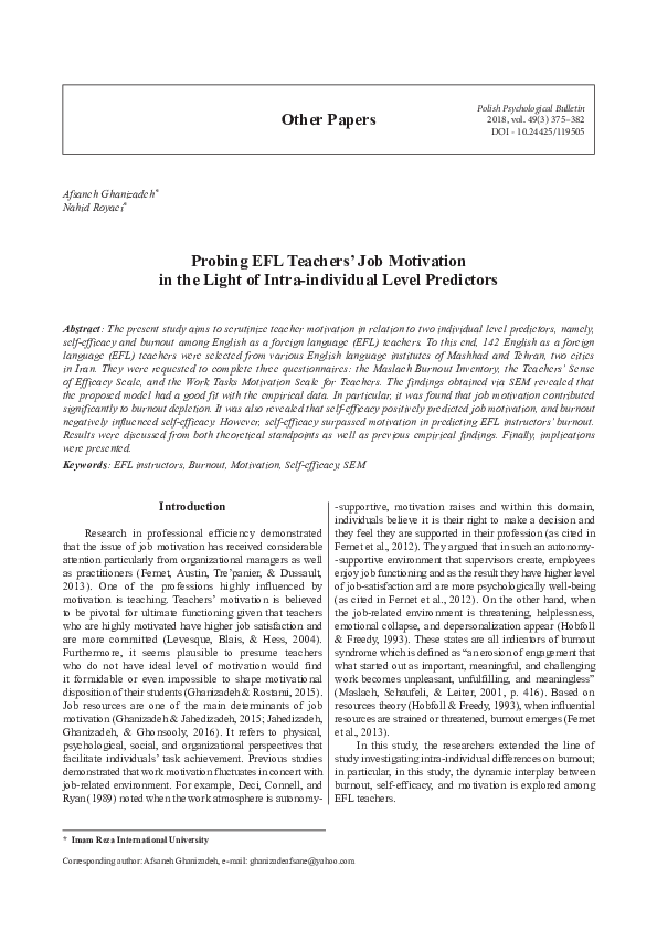 (PDF) Probing EFL Teachers’ Job Motivation in the Light of Intra ...