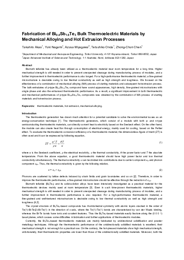 (PDF) Fabrication of Bi 0.4 Sb 1.6 Te 3 Bulk Thermoelectric Materials ...