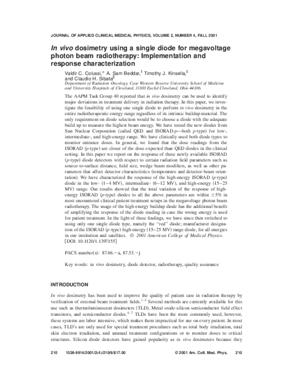 (PDF) In vivo dosimetry using a single diode for megavoltage photon ...