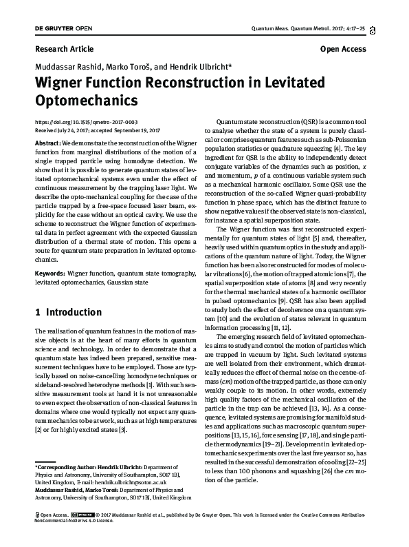 (PDF) Wigner Function Reconstruction in Levitated Optomechanics