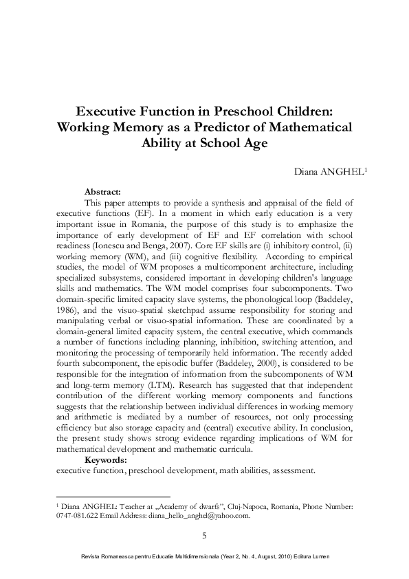 (PDF) Executive Function in Preschool Children: Working Memory as a ...