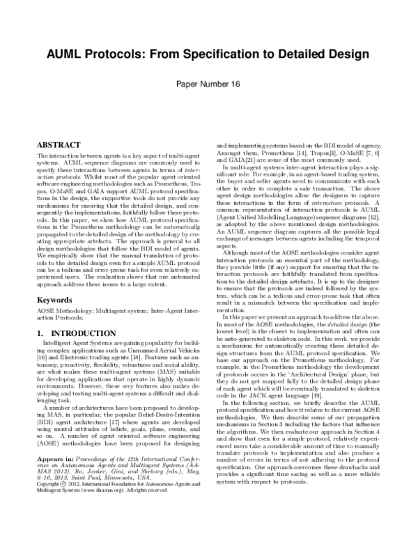 (PDF) AUML Protocols: Specification to Detailed Design