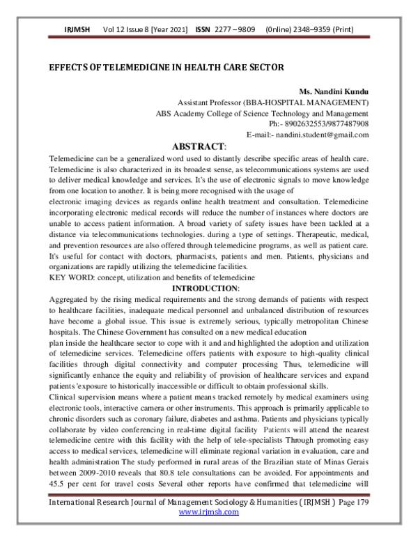 (PDF) EFFECTS OF TELEMEDICINE IN HEALTH CARE SECTOR