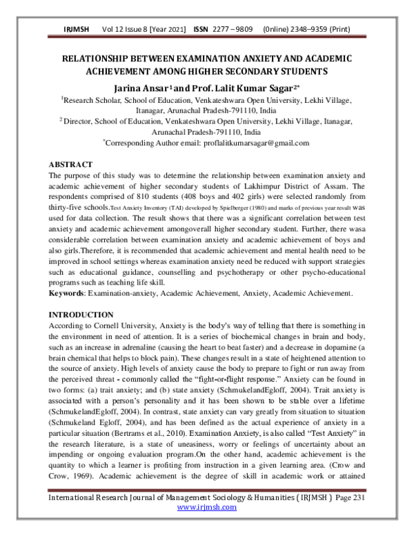 (PDF) RELATIONSHIP BETWEEN EXAMINATION ANXIETY AND ACADEMIC ACHIEVEMENT ...