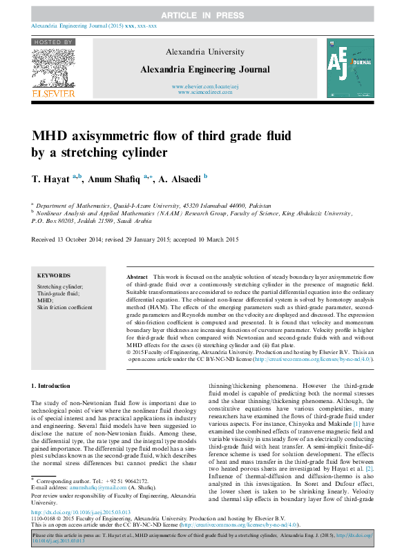 (PDF) MHD axisymmetric flow of third grade fluid by a stretching cylinder