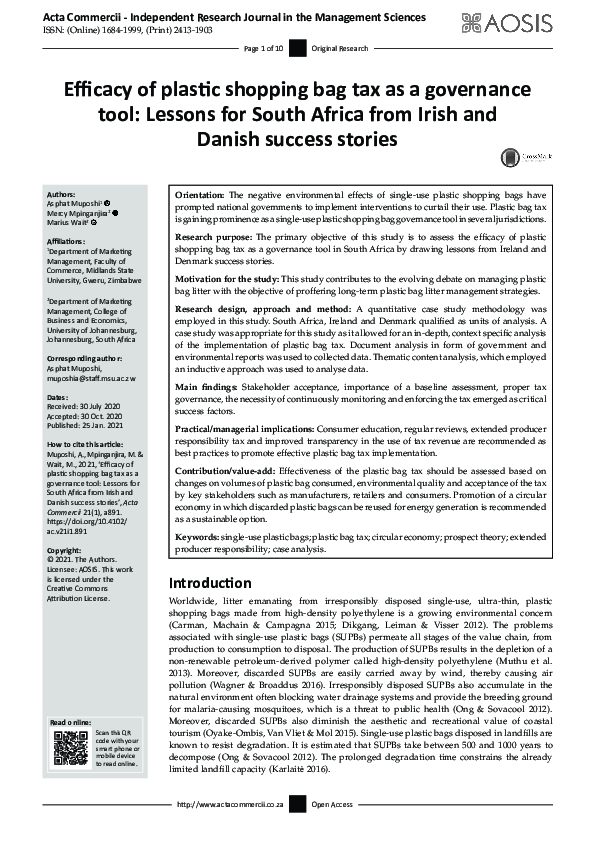 (PDF) Efficacy of plastic shopping bag tax as a governance tool Lessons for South Africa from