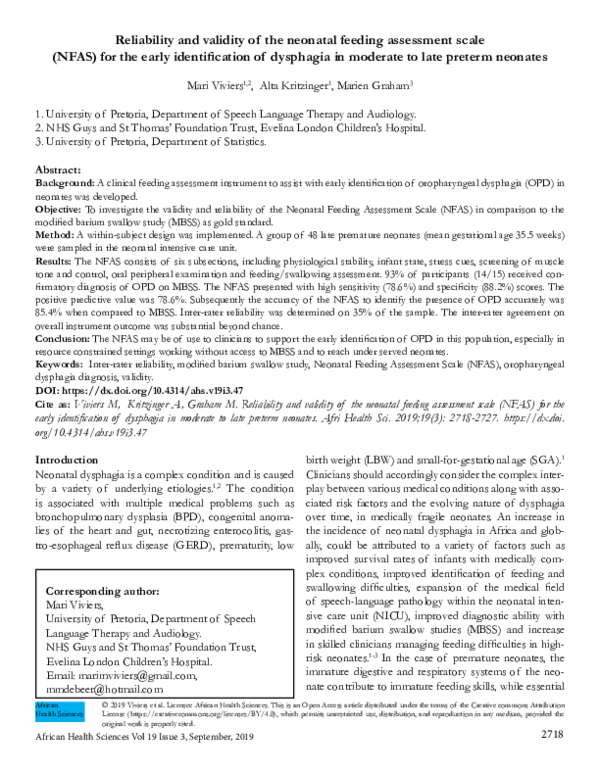 (PDF) Reliability and validity of the neonatal feeding assessment scale ...