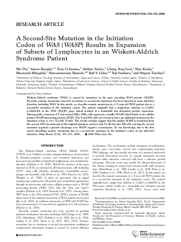 (PDF) A second-site mutation in the initiation codon ofWAS (WASP ...