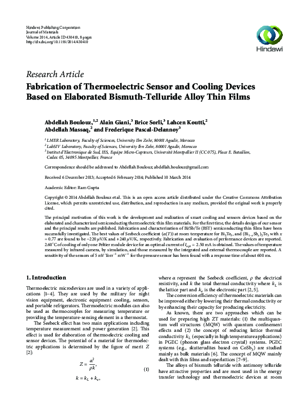 (PDF) Fabrication of Thermoelectric Sensor and Cooling Devices Based on ...