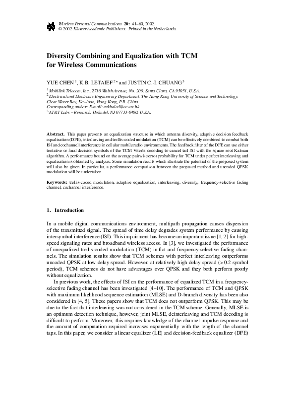 (PDF) Diversity Combining and Equalization with TCM for Wireless ...