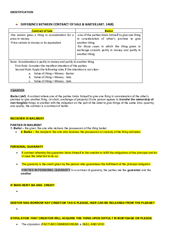 (DOC) DIFFERENCE BETWEEN CONTRACT OF SALE & BARTER (ART Micca Mae
