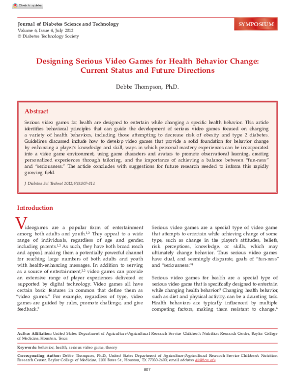 (PDF) Designing Serious Video Games for Health Behavior Change: Current ...