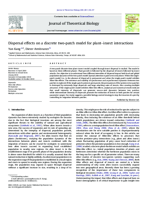 (PDF) Dispersal effects on a discrete two-patch model for plant–insect ...