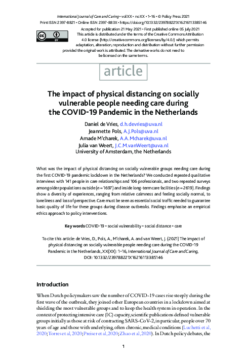 (PDF) The impact of physical distancing on socially vulnerable people ...