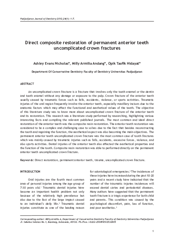 (PDF) Direct composite restoration of permanent anterior teeth ...