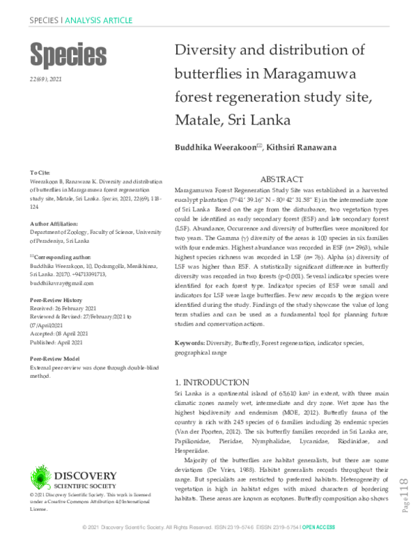 (PDF) Diversity and distribution of butterflies in Maragamuwa forest ...