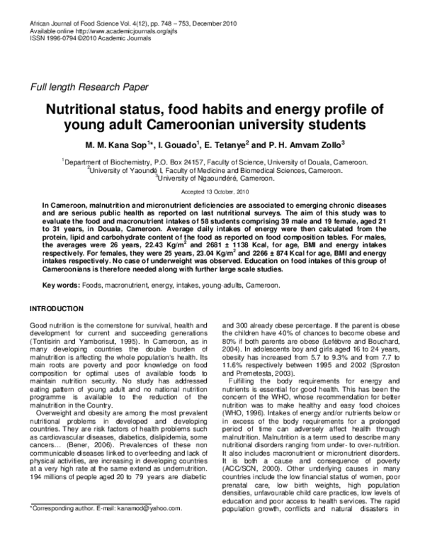 (PDF) Nutritional status, food habits and energy profile of young adult ...