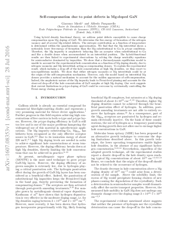 (PDF) Self-compensation due to point defects in Mg-doped GaN