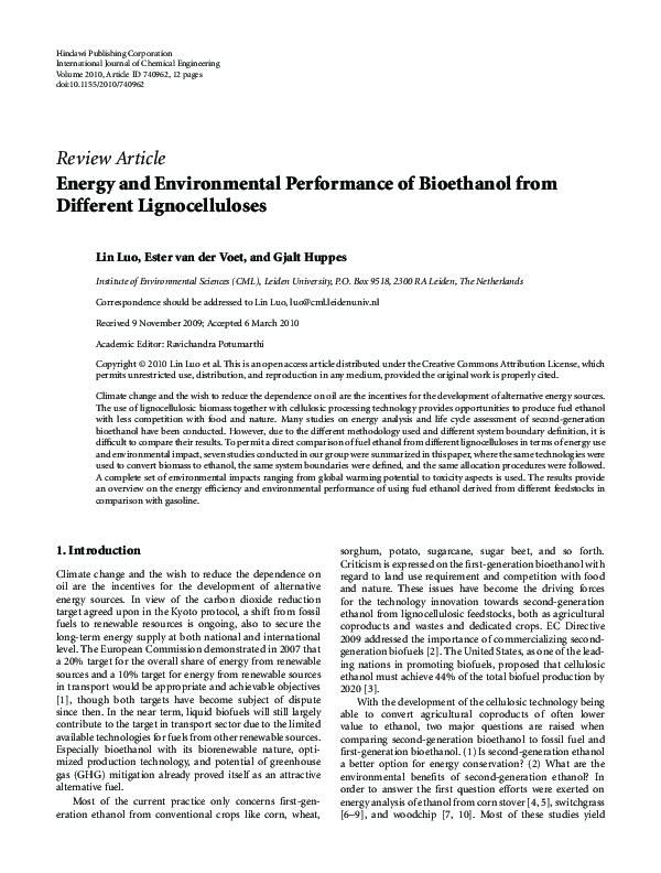 (PDF) Energy and Environmental Performance of Bioethanol from Different ...