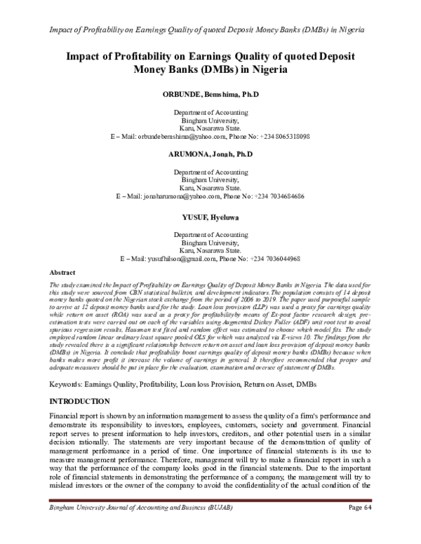 (PDF) Impact of Profitability on Earnings Quality of quoted Deposit