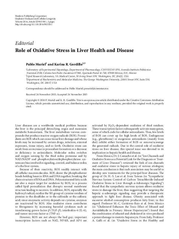 (PDF) Role of Oxidative Stress in Liver Health and Disease