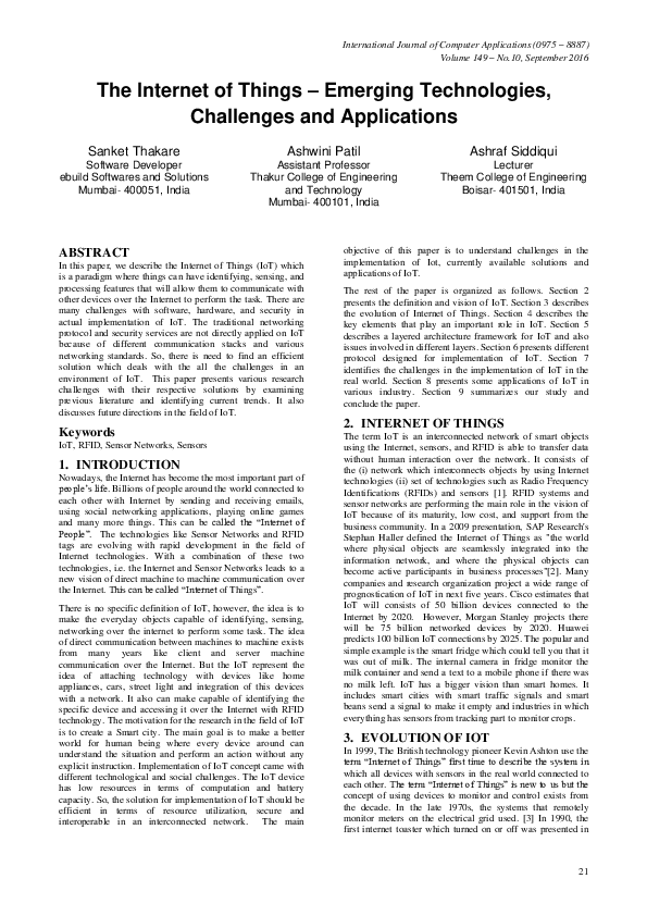 (PDF) The Internet of Things – Emerging Technologies, Challenges and ...