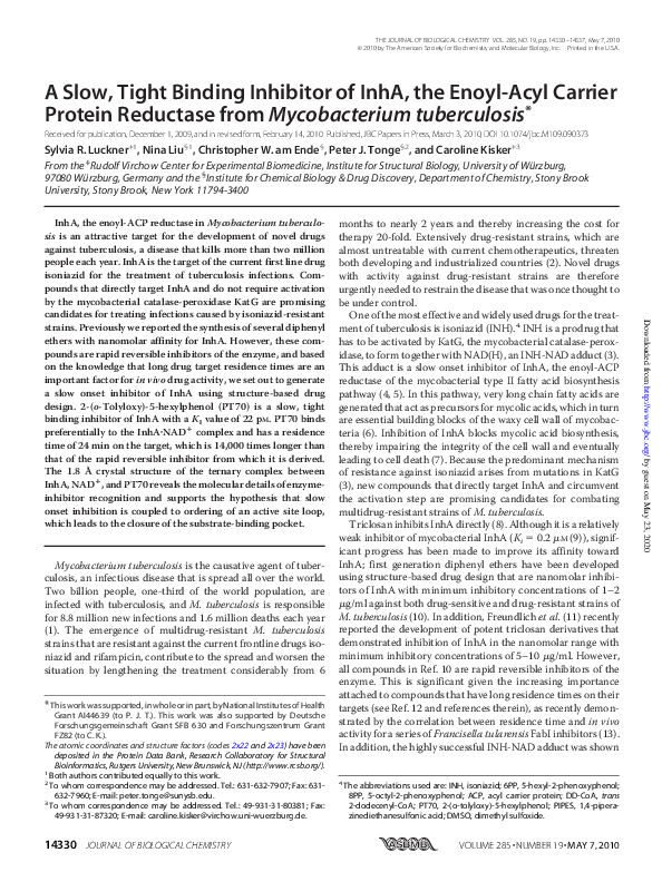 (PDF) A Slow, Tight Binding Inhibitor of InhA, the Enoyl-Acyl Carrier ...