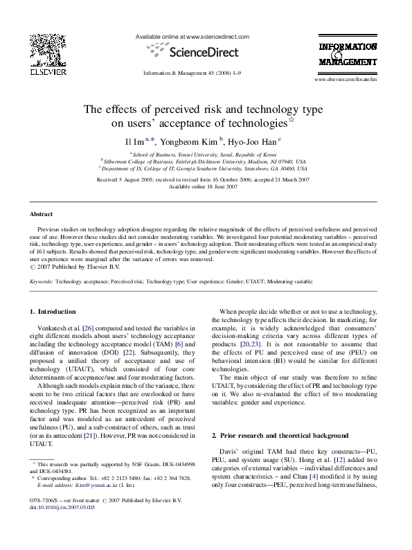(PDF) The effects of perceived risk and technology type on users ...
