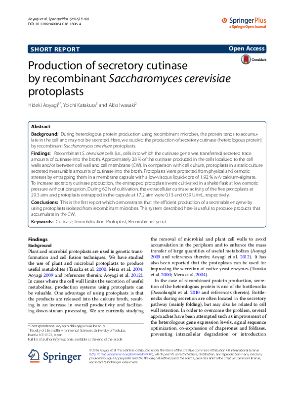 (PDF) Production of secretory cutinase by recombinant Saccharomyces ...