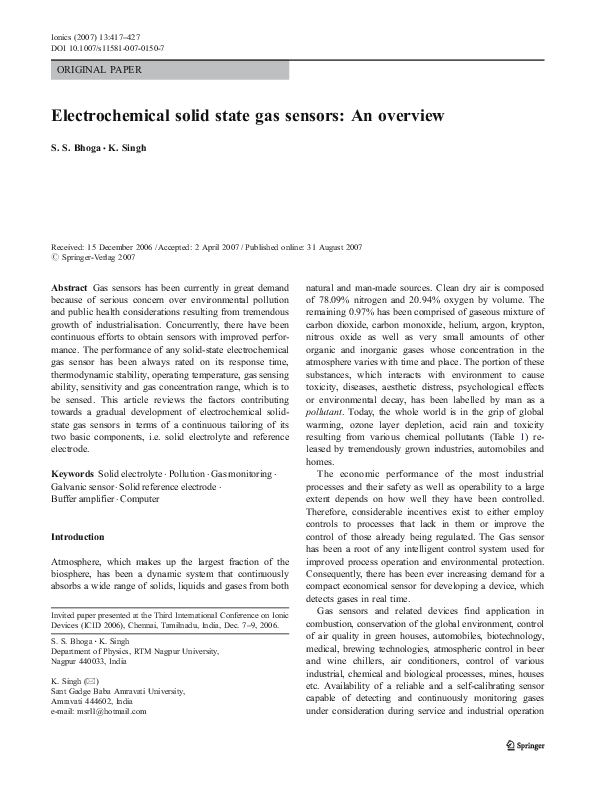 (PDF) Electrochemical solid state gas sensors An overview S. S