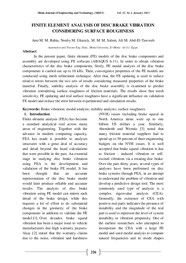 (PDF) Finite Element Analysis of Disc Brake Vibration Considering ...