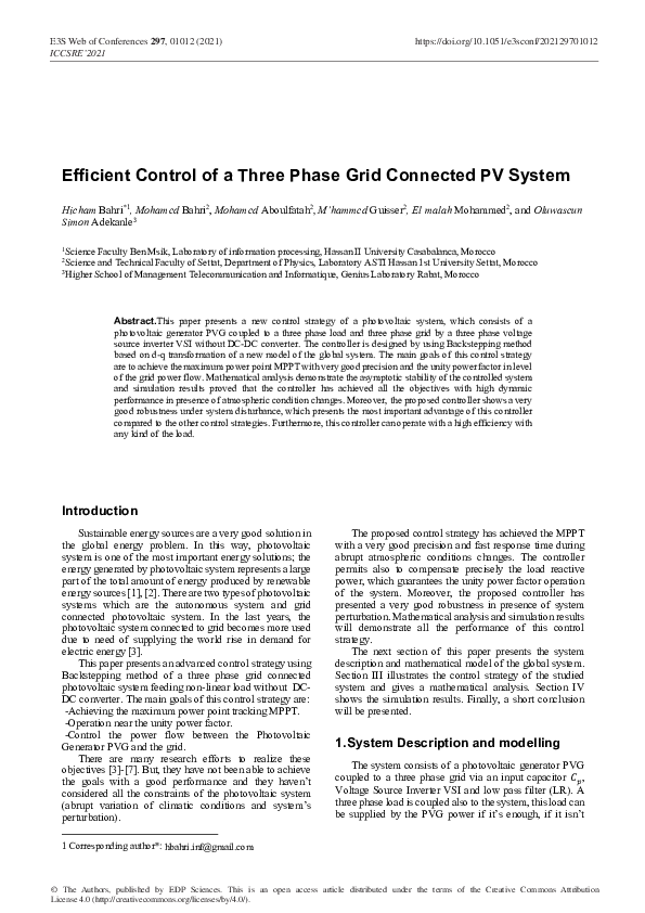 (PDF) Efficient Control of a Three Phase Grid Connected PV System