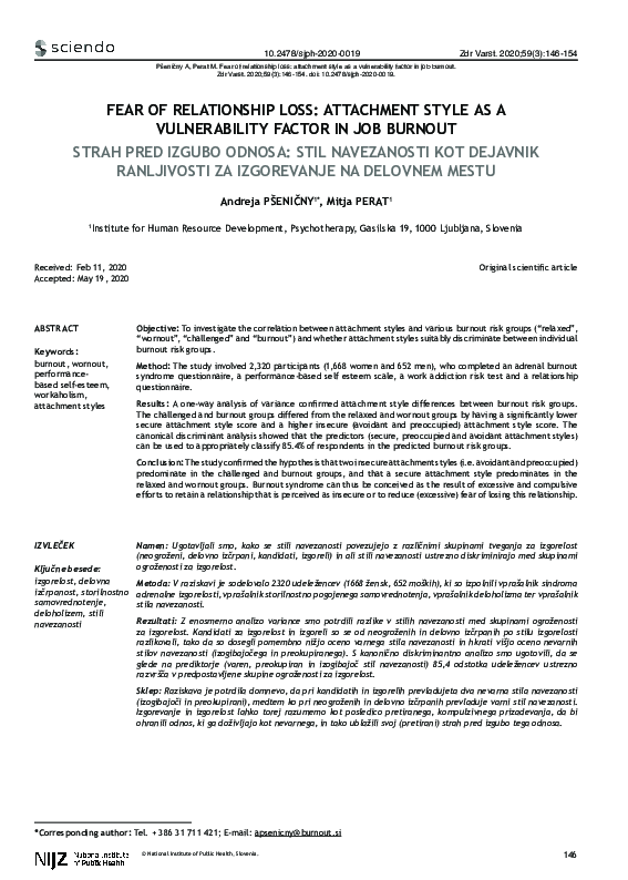 (PDF) Fear of Relationship Loss: Attachment Style as a Vulnerability ...