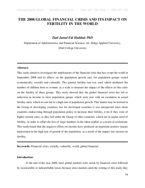 (PDF) The 2008 Global Financial Crisis and Its Impact on Fertility in ...