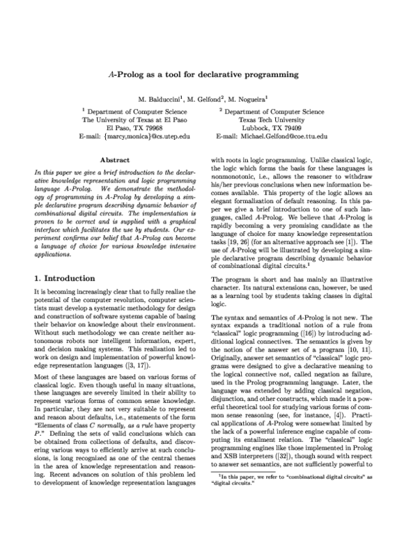 (PDF) A-Prolog as a tool for declarative programming