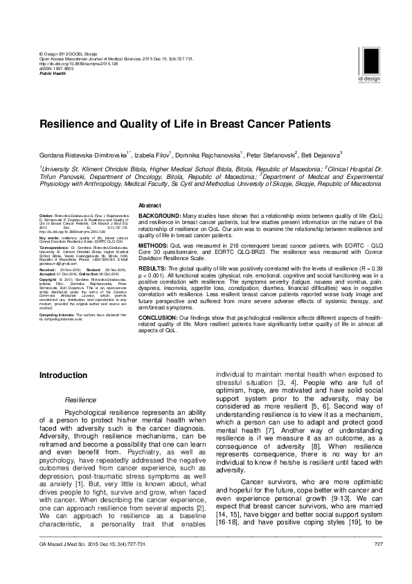 (PDF) Resilience and Quality of Life in Breast Cancer Patients